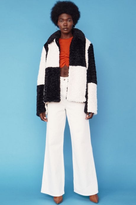 JAYLEY Black Faux Shearling Checkered Oversized Coat