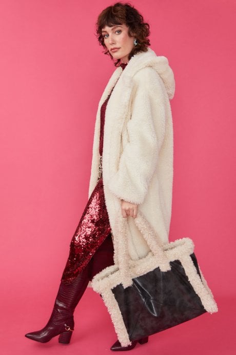 JAYLEY Black Faux Shearling Large Tote Shopper Bag