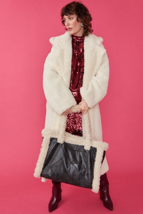 JAYLEY Black Faux Shearling Large Tote Shopper Bag