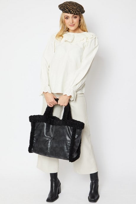 JAYLEY Black Faux Shearling Large Tote Shopper Bag