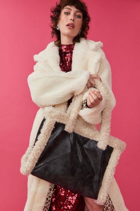 JAYLEY Black Faux Shearling Large Tote Shopper Bag