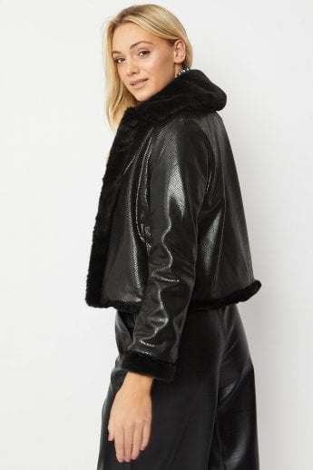 JAYLEY Black Faux Suede Check Jacket With Faux Fur Trim