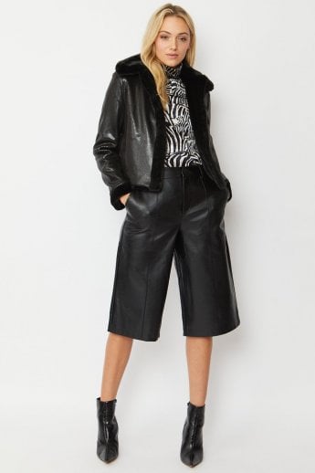 JAYLEY Black Faux Suede Check Jacket With Faux Fur Trim