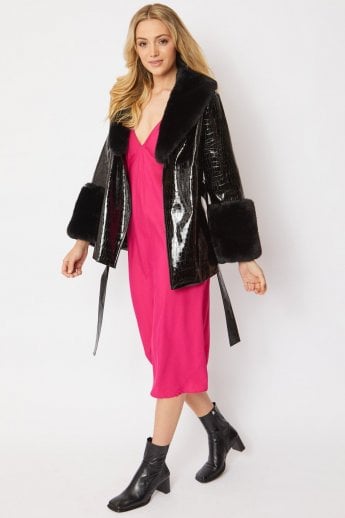 JAYLEY Black Faux Suede With Detachable Faux Fur Collar And Cuffs