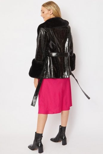 JAYLEY Black Faux Suede With Detachable Faux Fur Collar And Cuffs
