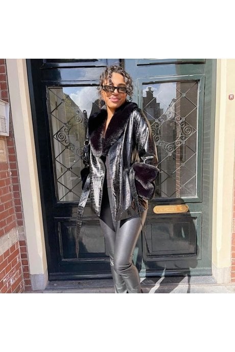 JAYLEY Black Faux Suede With Detachable Faux Fur Collar and Cuffs