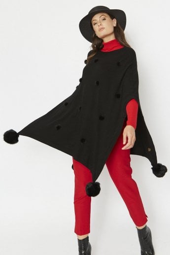 JAYLEY Black Fine Knit Cashmere Blend Pom Pom Poncho