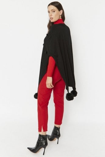 JAYLEY Black Fine Knit Cashmere Blend Pom Pom Poncho