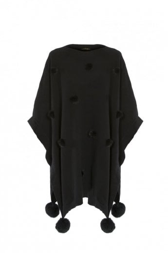 JAYLEY Black Fine Knit Cashmere Blend Pom Pom Poncho