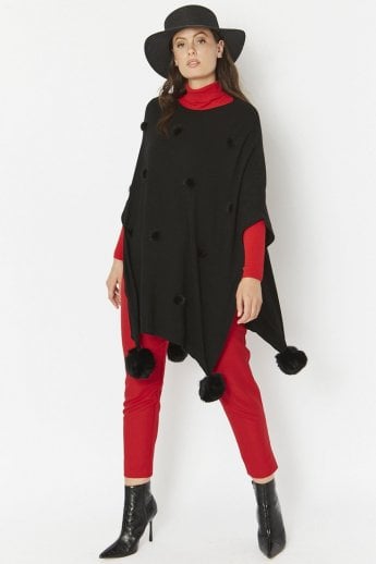 JAYLEY Black Fine Knit Cashmere Blend Pom Pom Poncho
