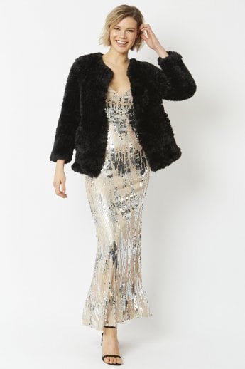 JAYLEY Black Hand Knitted Faux Fur Coat