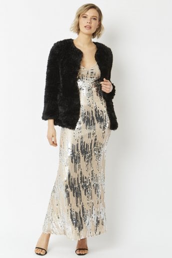 JAYLEY Black Hand Knitted Faux Fur Coat