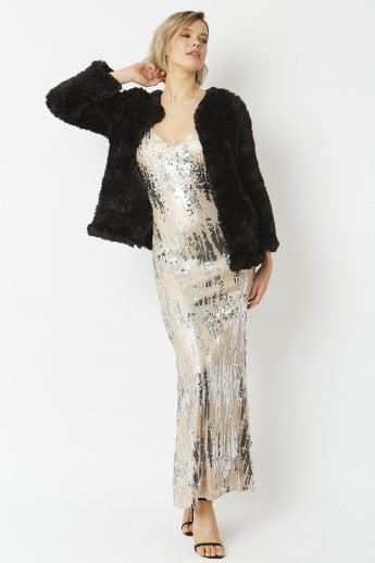 JAYLEY Black Hand Knitted Faux Fur Coat