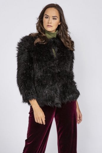 JAYLEY Black Hand Knitted Faux Fur Jacket
