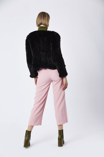 JAYLEY Black Hand Knitted V-Neck Faux Fur Coat