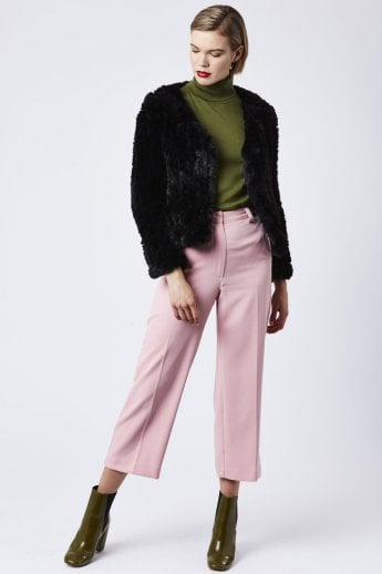 JAYLEY Black Hand Knitted V-Neck Faux Fur Coat