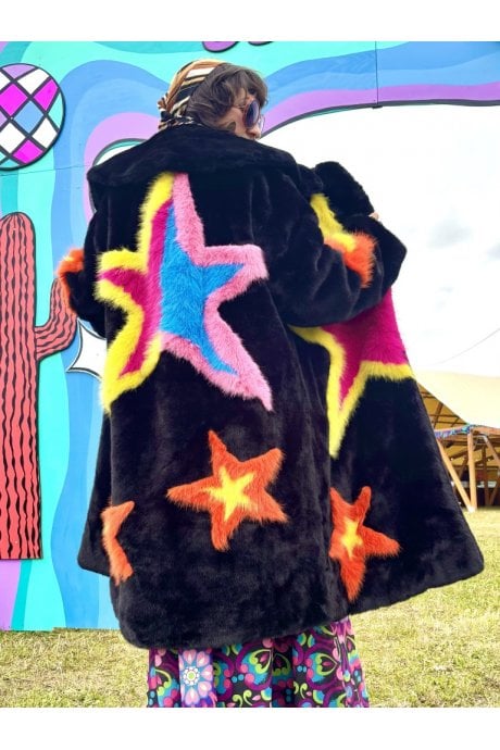 JAYLEY Black Hand Made Bamboo Lyocell Multi Faux Fur Star Coat