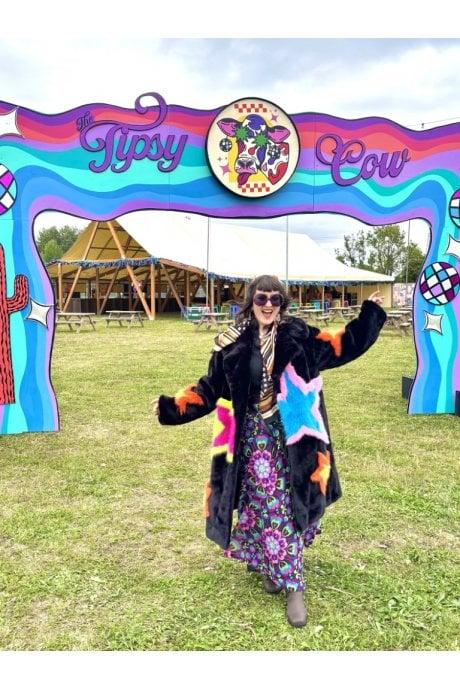 JAYLEY Black Hand Made Bamboo Lyocell Multi Faux Fur Star Coat