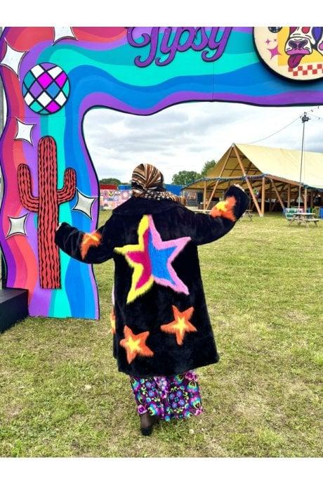 JAYLEY Black Hand Made Bamboo Lyocell Multi Faux Fur Star Coat