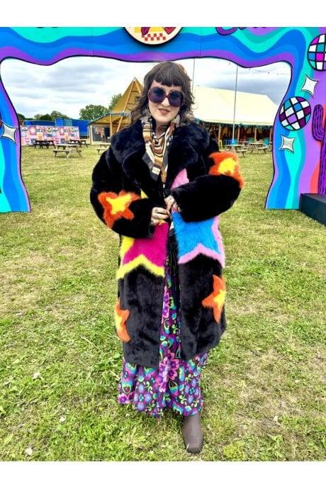 JAYLEY Black Hand Made Bamboo Lyocell Multi Faux Fur Star Coat