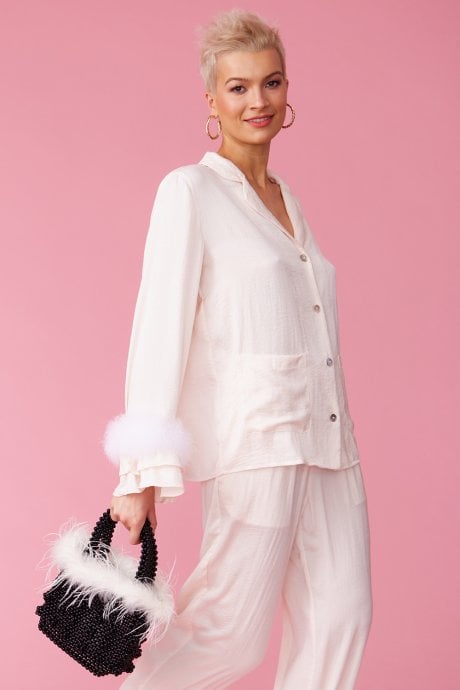 JAYLEY Black Handmade Pearl Tote Bag With Feather Trim