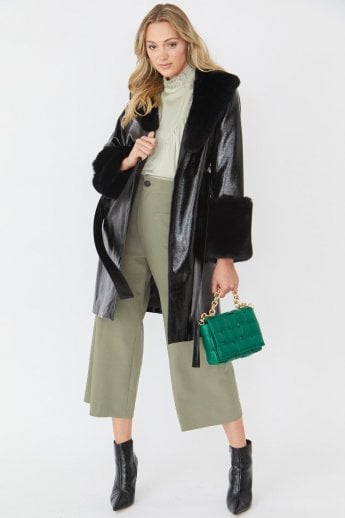 JAYLEY Black Luxury Faux Leather Aubrey Coat With Detachable Faux Fur Cuffs & Collar