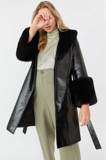JAYLEY Black Luxury Faux Leather Aubrey Coat With Detachable Faux Fur Cuffs & Collar