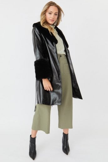 JAYLEY Black Luxury Faux Leather Aubrey Coat With Detachable Faux Fur Cuffs & Collar