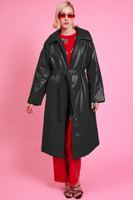 JAYLEY Black Maxi Eco Leather Puffer Coat