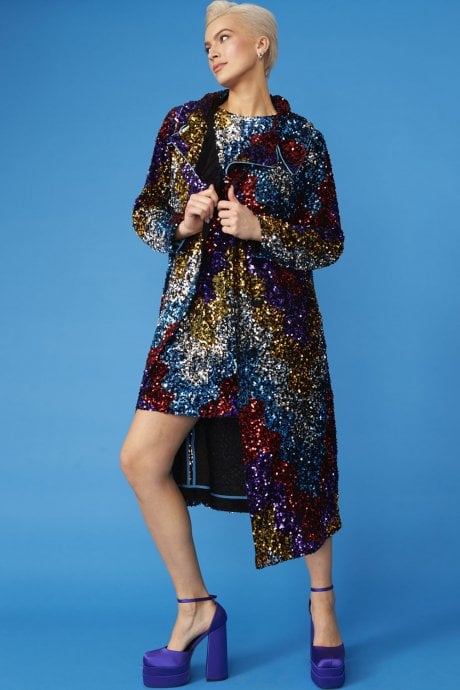 JAYLEY Black Multi Coloured Sequin Trench Coat With Removable Faux Fur Collar