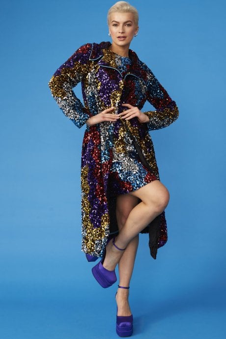 JAYLEY Black Multi Coloured Sequin Trench Coat With Removable Faux Fur Collar