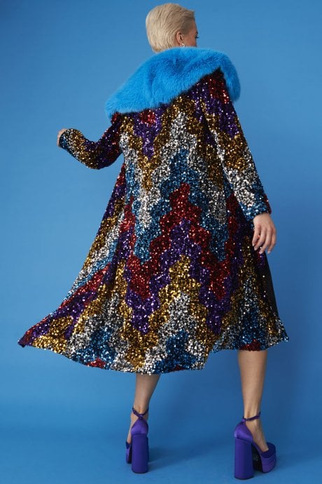 JAYLEY Black Multi Coloured Sequin Trench Coat With Removable Faux Fur Collar