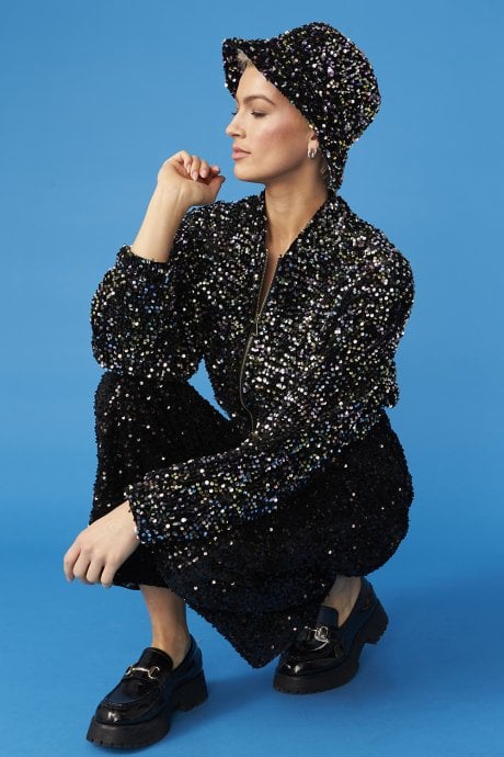 JAYLEY Black Multi Sequin Bomber Jacket