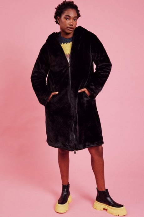 JAYLEY Black Oversized Faux Fur Jacket