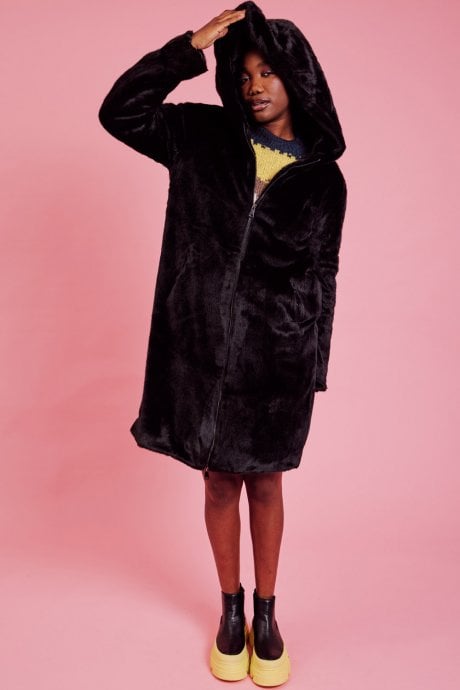 JAYLEY Black Oversized Faux Fur Jacket