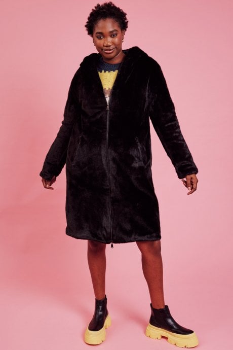 JAYLEY Black Oversized Faux Fur Jacket