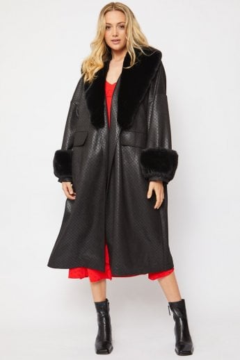 JAYLEY Black Oversized Faux Suede Jacket With Detachable Faux Fur Cuffs & Collar
