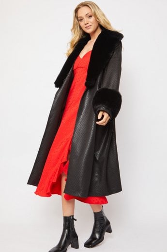 JAYLEY Black Oversized Faux Suede Jacket With Detachable Faux Fur Cuffs & Collar