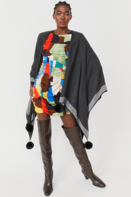 JAYLEY Black Reversible Cashmere Wrap Cape With Faux Fur Poms