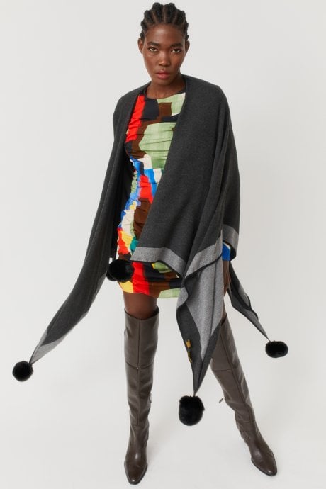 JAYLEY Black Reversible Cashmere Wrap Cape With Faux Fur Poms