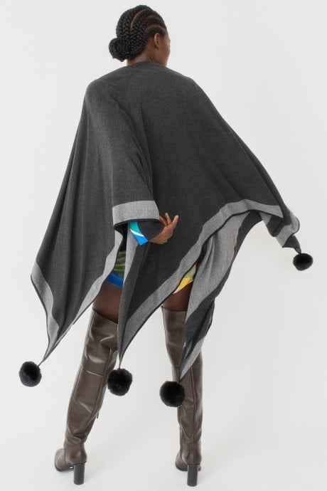 JAYLEY Black Reversible Cashmere Wrap Cape With Faux Fur Poms