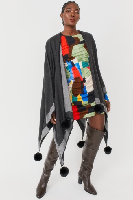 JAYLEY Black Reversible Cashmere Wrap Cape with Faux Fur Poms