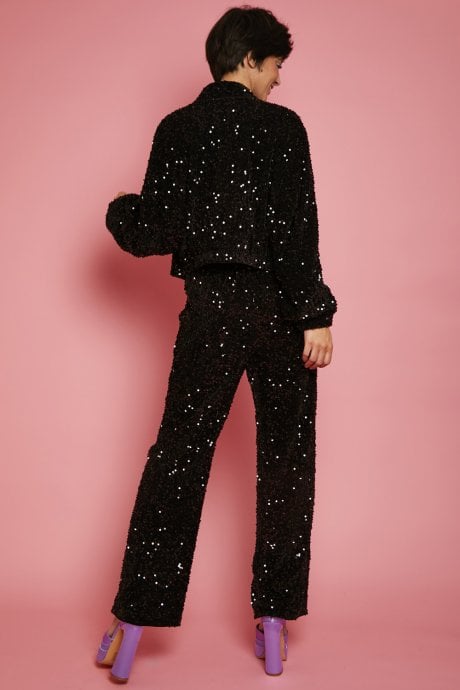 JAYLEY Black Sequin Cropped Biker Jacket