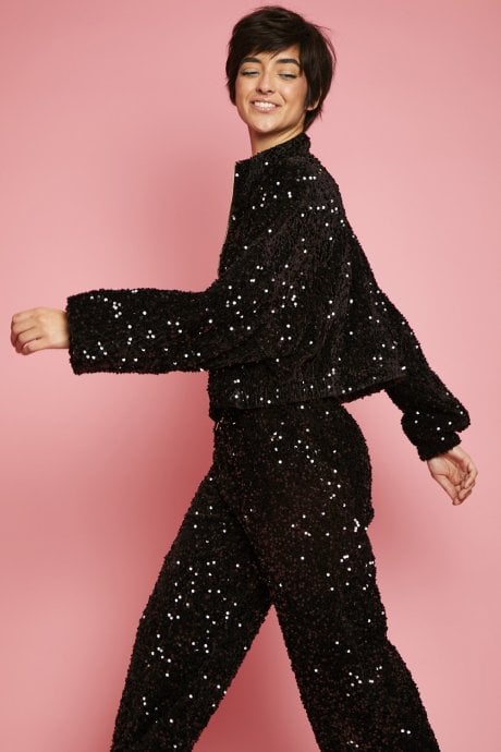 JAYLEY Black Sequin Cropped Biker Jacket