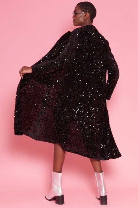 JAYLEY Black Sequin Velvet Trench Coat