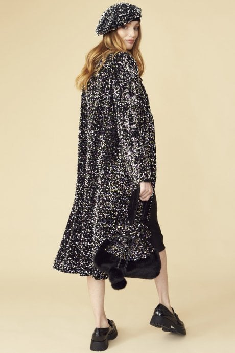 JAYLEY Black Sequin Velvet Trench Coat
