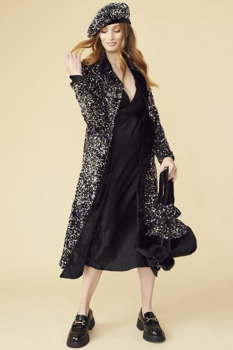 JAYLEY Black Sequin Velvet Trench Coat