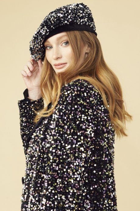 JAYLEY Black Sequin Velvet Trench Coat