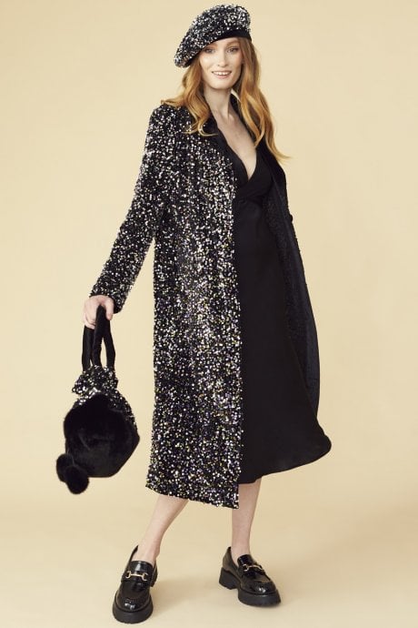 JAYLEY Black Sequin Velvet Trench Coat