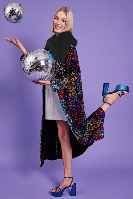 JAYLEY Black Sequin Velvet Trench Coat with Black Faux Fur Collar